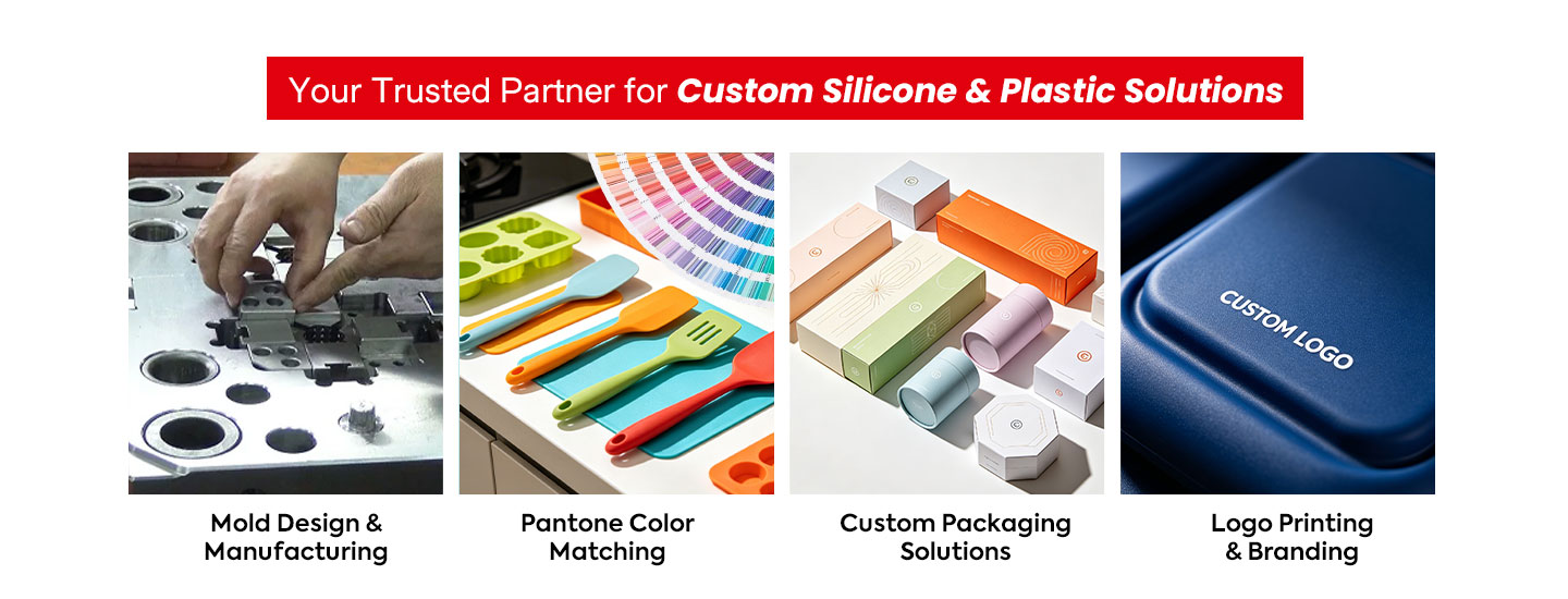 Custom silicone and plastic solutions: mold design, Pantone color matching, custom packaging, logo printing