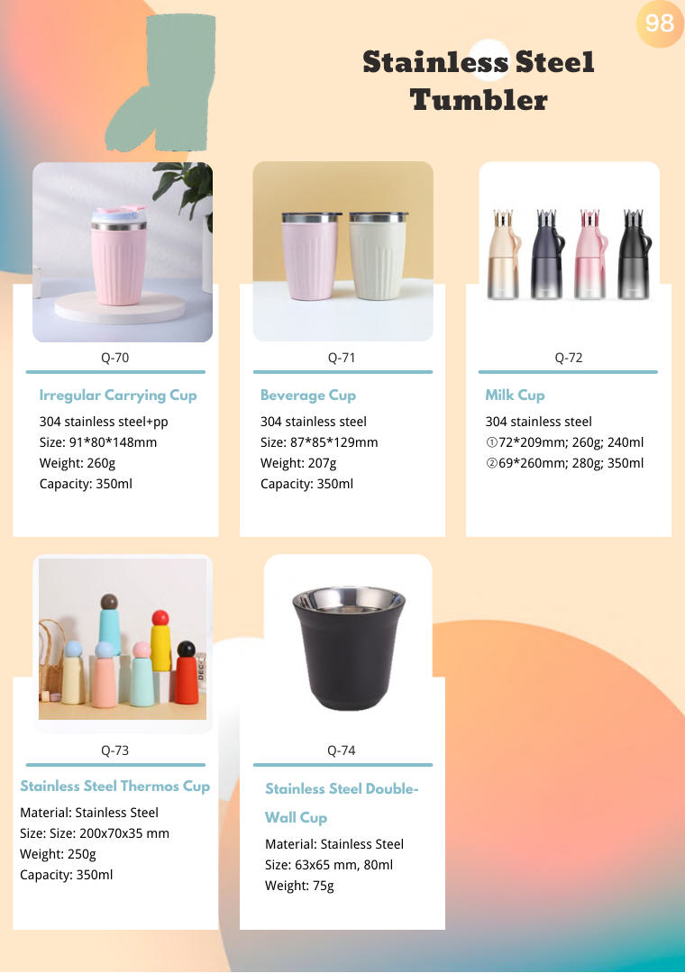 Stainless Steel Tumbler range sample (page 98)